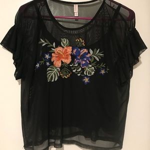 Mesh Shirt w/ Embroidered Flowers